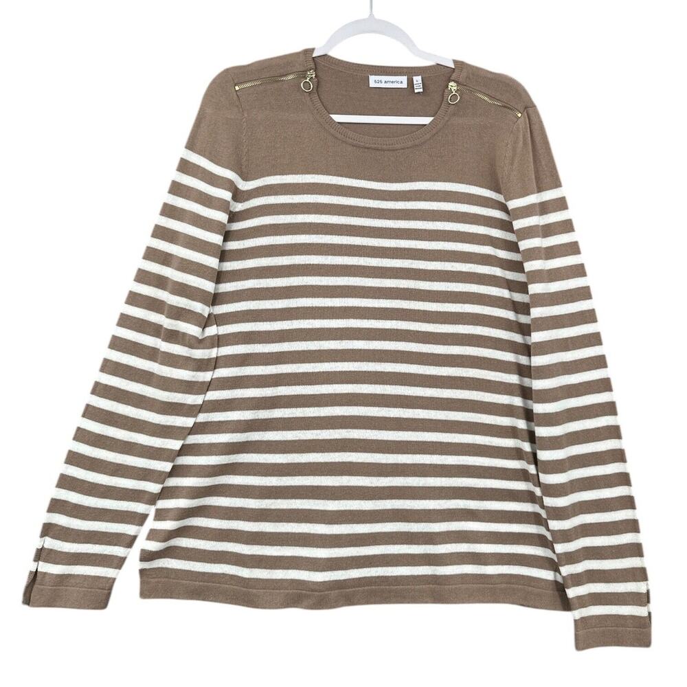 525‎ America Brown White Striped Shoulder Zipper Long Sleeve Sweater Large